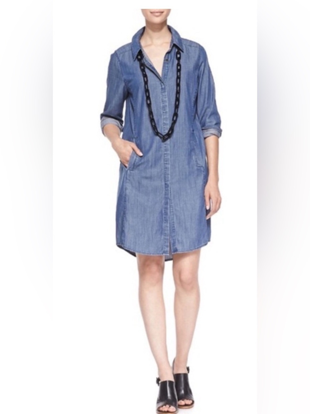 Eileen Fisher Denim Tencel Shirt Dress Long Sleeve Blue Button Up Shift Chambray